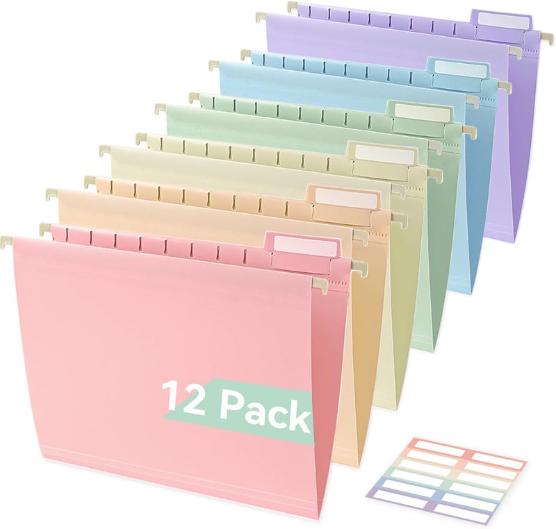 SortRax Plastic Hanging File Folders, Letter Size, 12 Pack Pastel Hanging Folders, with Insertable 1/5-Cut Tabs for Filing Cabinets - Image 1